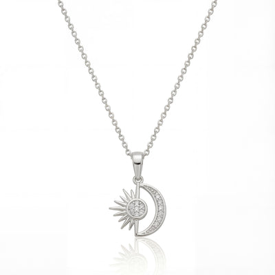 14K Solid Gold Sun and Moon Pendant Necklace with CZ Stones Minimal Charm
