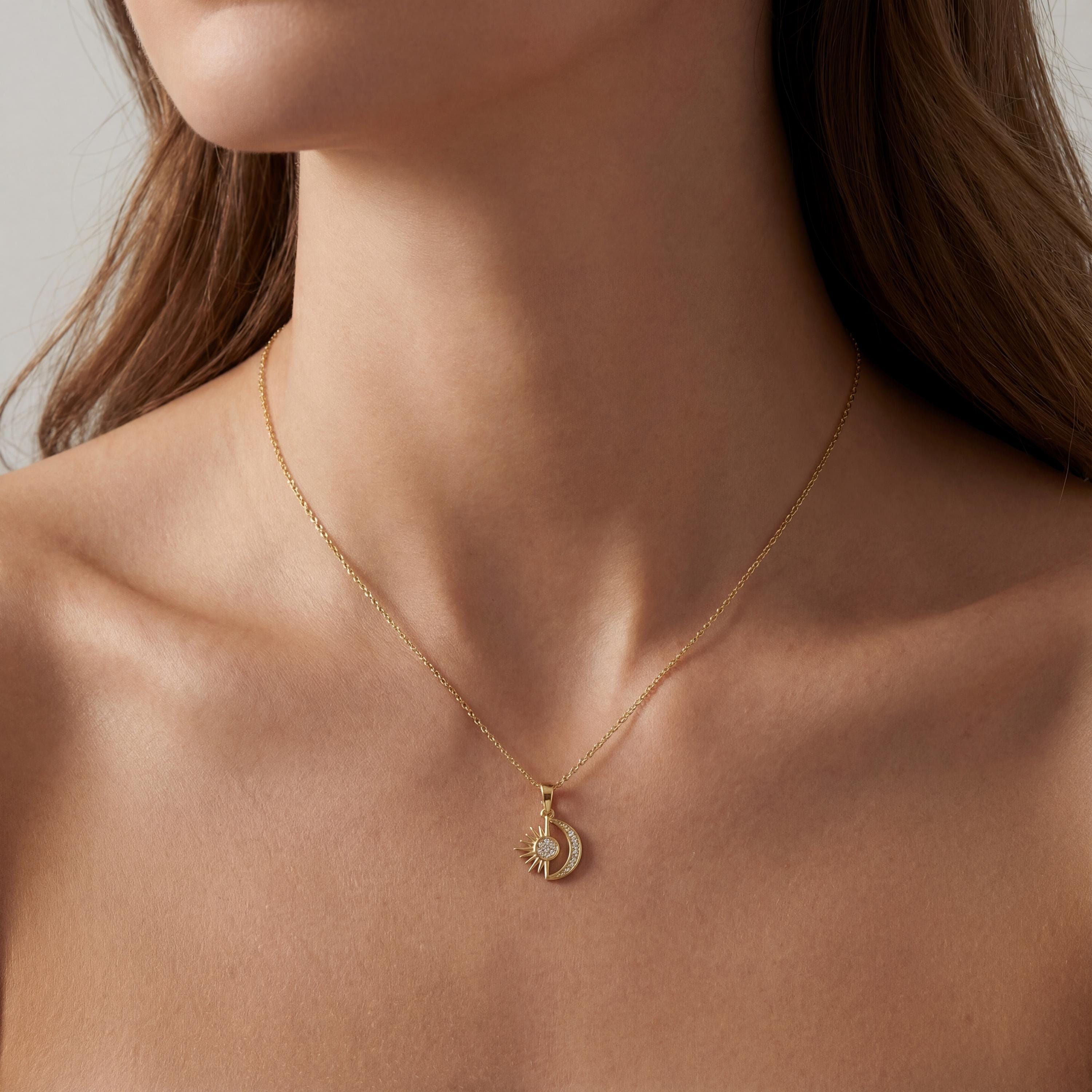 14K Solid Gold Sun and Moon Pendant Necklace with CZ Stones Minimal Charm