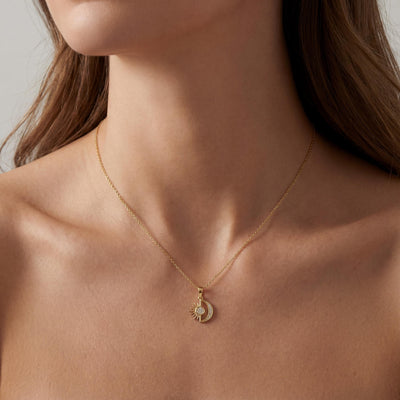 14K Solid Gold Sun and Moon Pendant Necklace with CZ Stones Minimal Charm