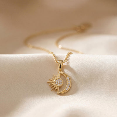14K Solid Gold Sun and Moon Pendant Necklace with CZ Stones Minimal Charm