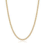 14K yellow gold rolo chain necklace, round interlocking links draped in a U shape on white