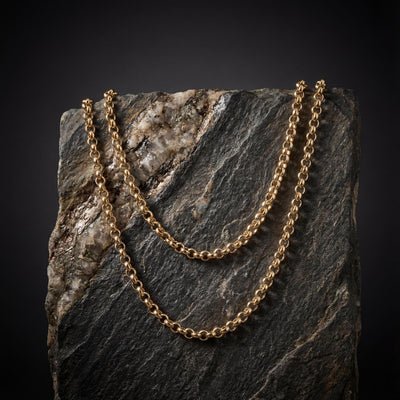14K solid gold rolo chain necklace worn, unisex fine jewelry