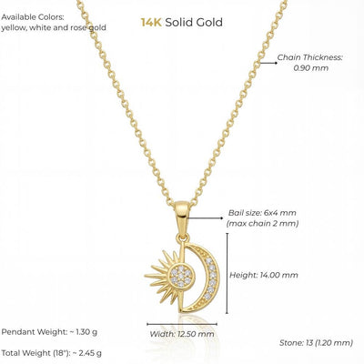 14K Solid Gold Sun and Moon Pendant Necklace with CZ Stones Minimal Charm