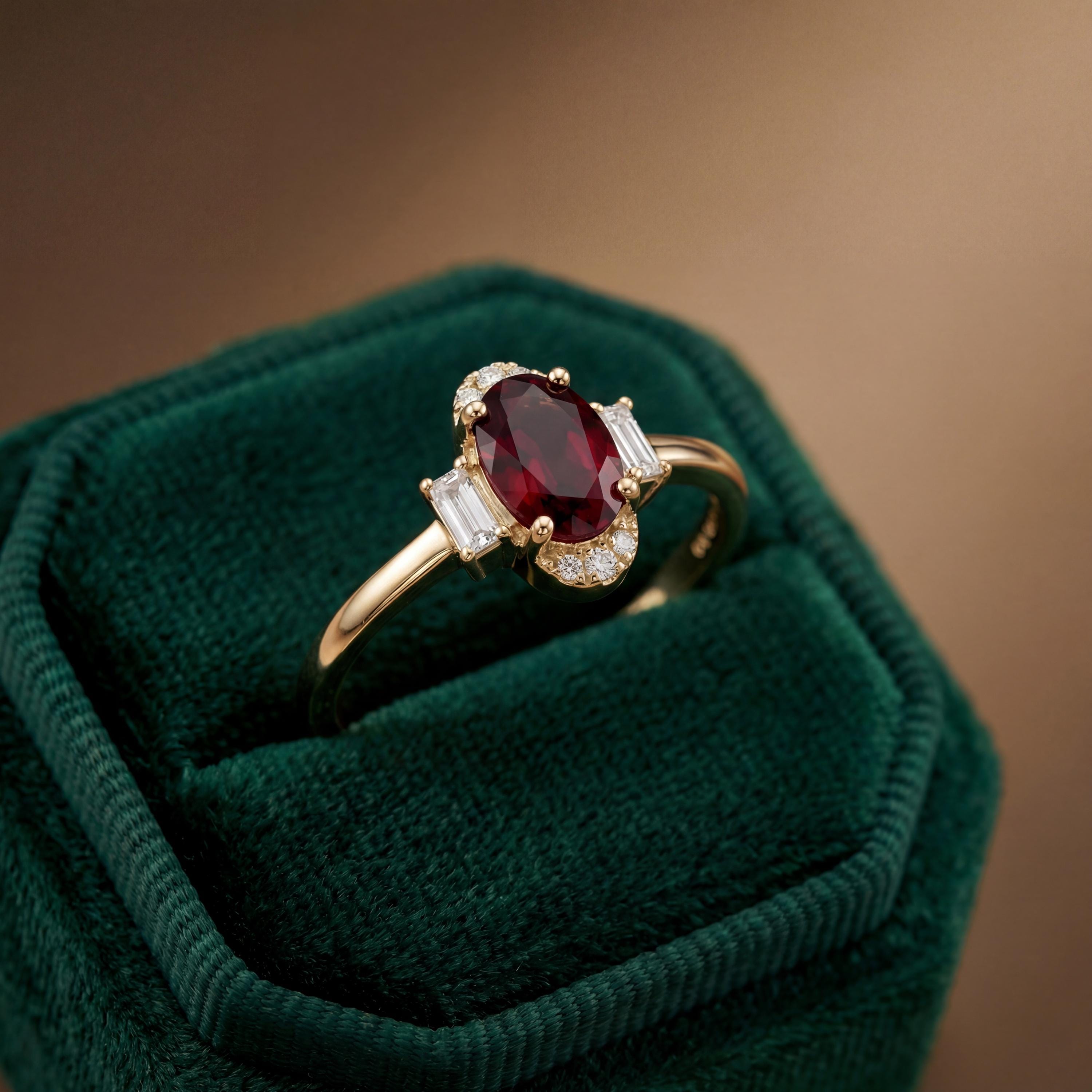 14K Solid Gold Ruby Oval Vintage Ring - Baguette Shape Stone - Handmade Fine Jewelry