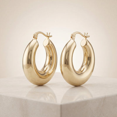 14K Solid Gold Thick Hoop Earrings, Handmade Chunky Huggie Hoops, Minimal Jewelry