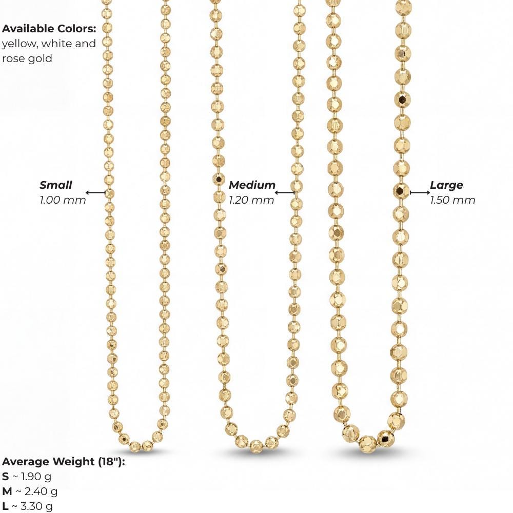 14K Solid Gold Ball Chain Necklace  Minimal Beaded 1mm 1.2mm 1.5mm  Everyday Fine Jewelry