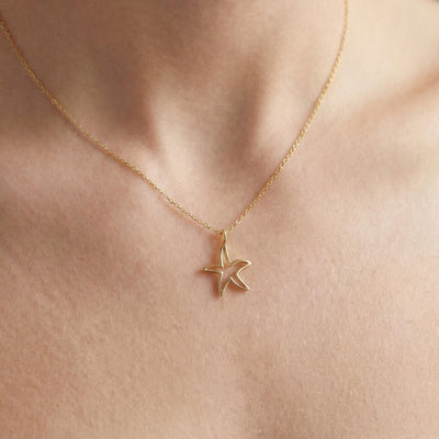 14K Solid Gold Starfish Necklace Handmade Minimal Dainty Unisex Jewelry