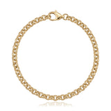 14K yellow gold rolo chain bracelet, round links closed in a circle with a lobster clasp on white