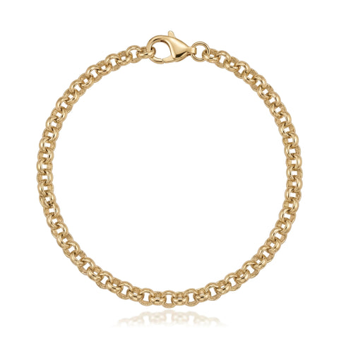 14K yellow gold rolo chain bracelet, round links closed in a circle with a lobster clasp on white