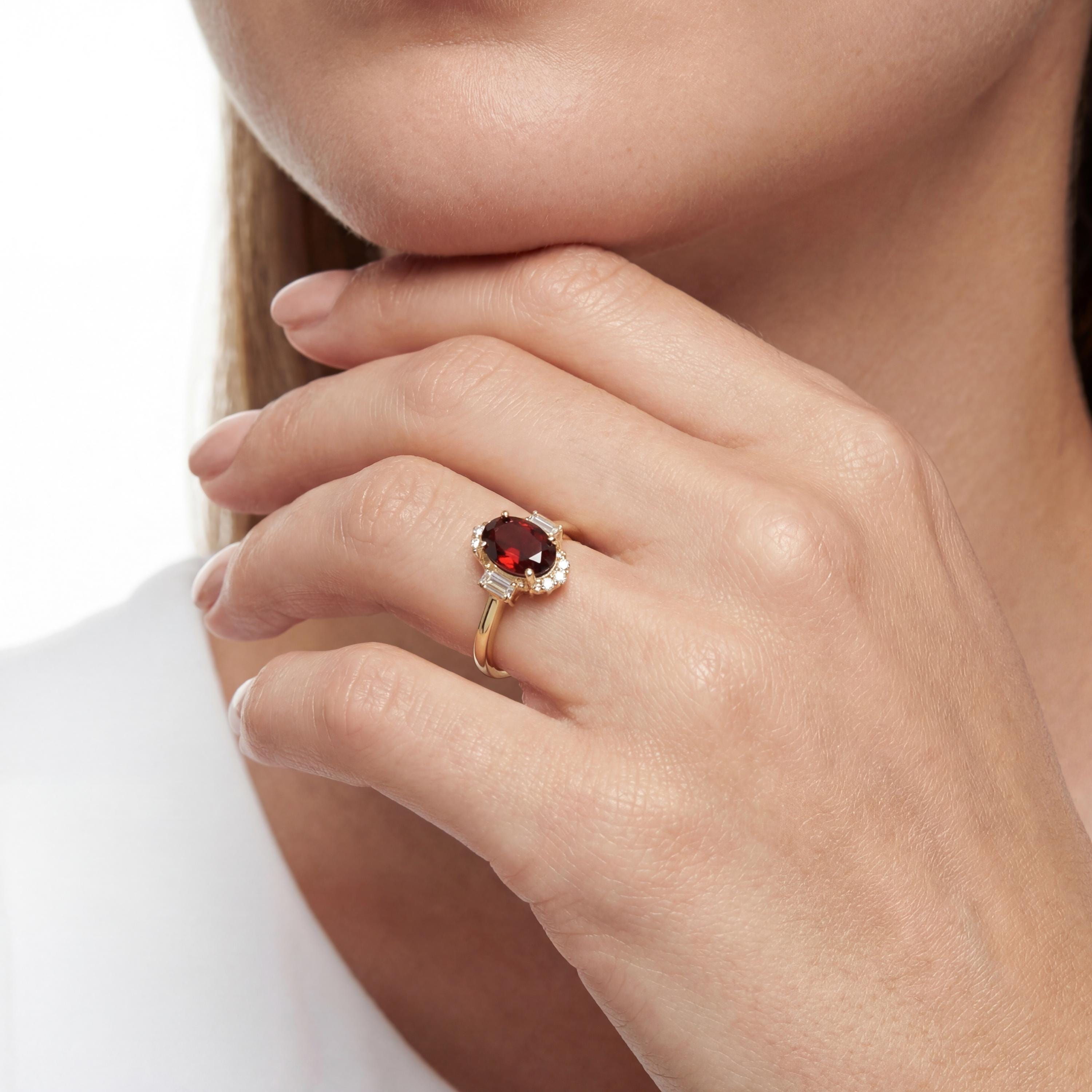 14K Solid Gold Ruby Oval Vintage Ring - Baguette Shape Stone - Handmade Fine Jewelry
