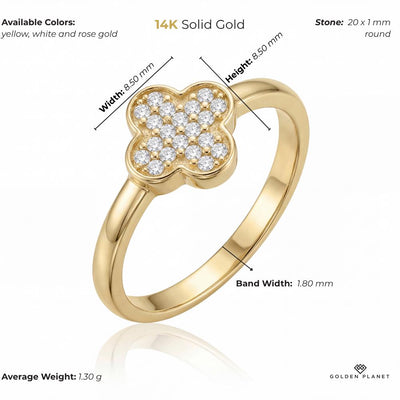14K Solid Gold Clover Ring, Cubic Zirconia Cluster, Minimal Flower Jewelry, Dainty Everyday