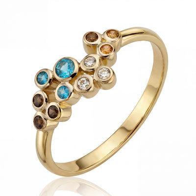 14K Solid Gold Multi Stone Ring, Colorful Cluster Gemstone Band - Dainty Fine Jewelry