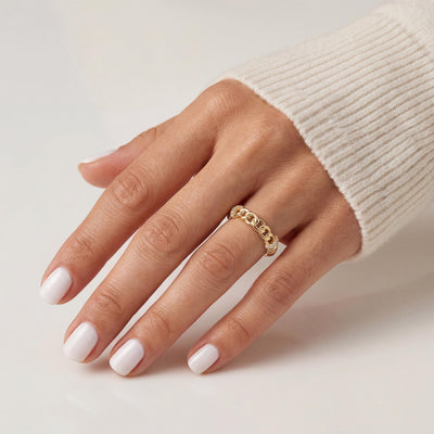 14K Solid Gold Curb Chain Link Ring, Pavé Accent - Minimal Elegant Fine Jewelry Women