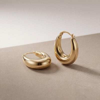 14K Solid Gold Chunky Hoop Earrings, Bold Dome Hoops - Thick Minimal Statement Fine Jewelry
