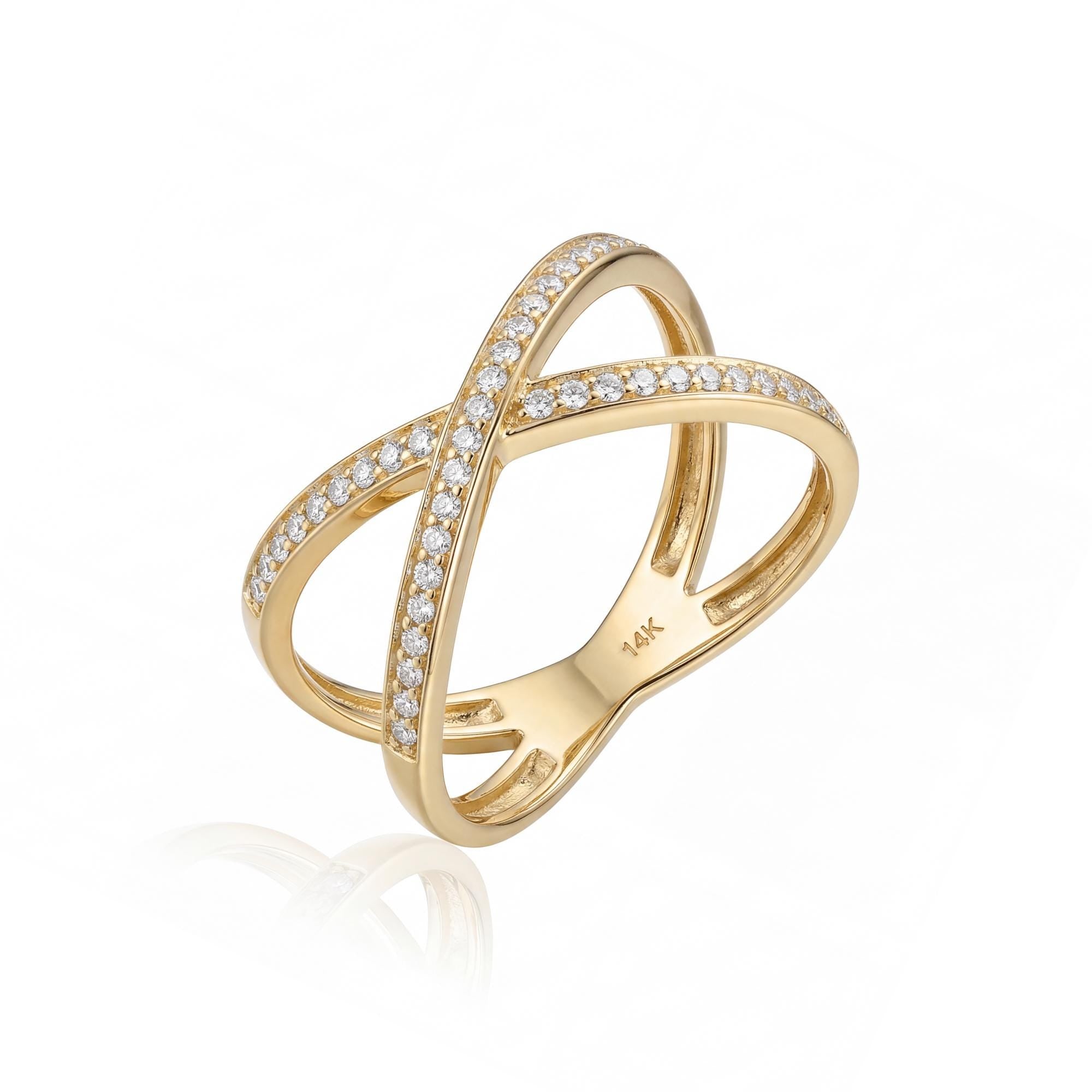 14K Solid Gold Crossover Ring, Pavé Band Criss Cross Design - Minimal Elegant Fine Jewelry