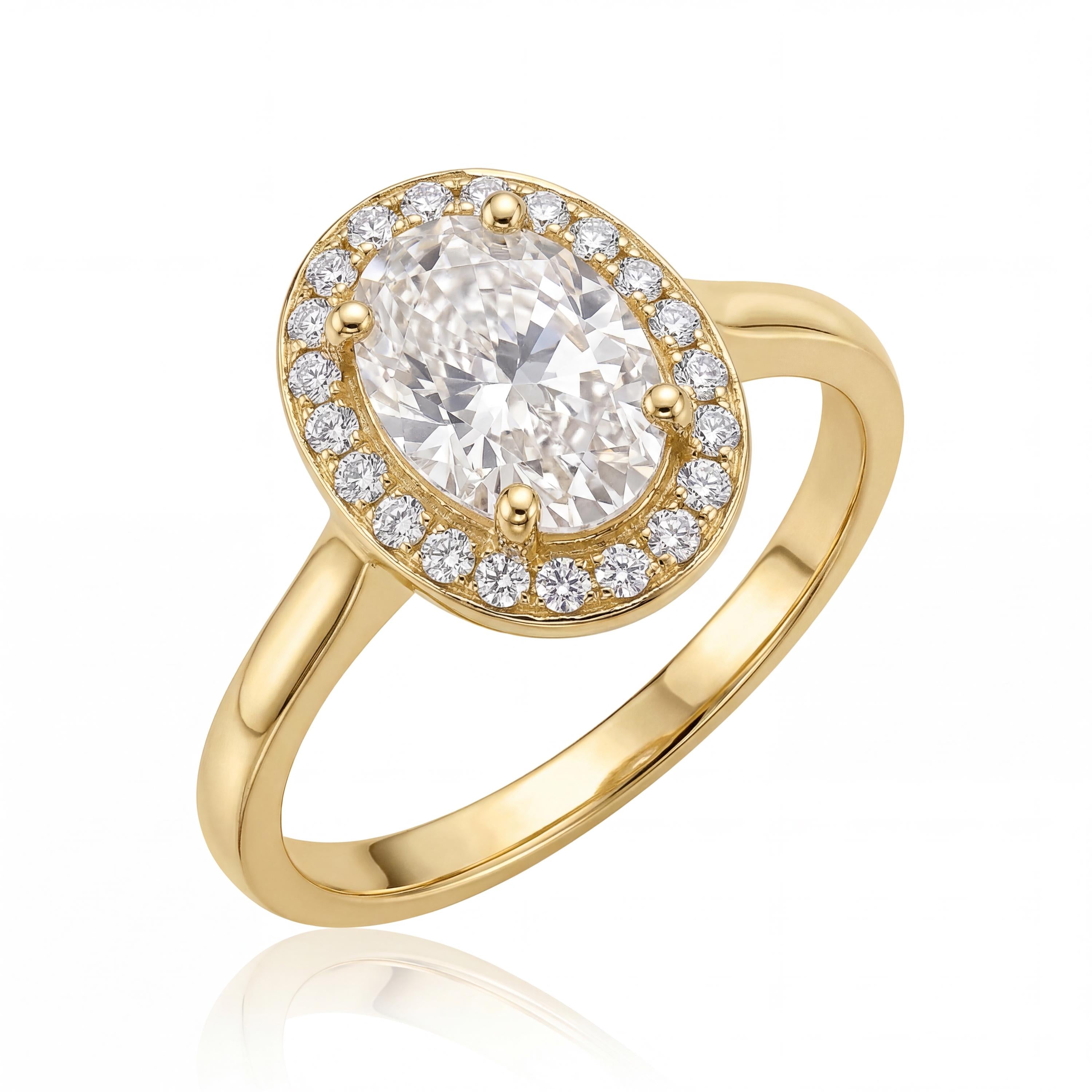 14K Solid Gold Clear Stone Ring, Oval Halo Lab Grown Gem - Engagement Fine Jewelry