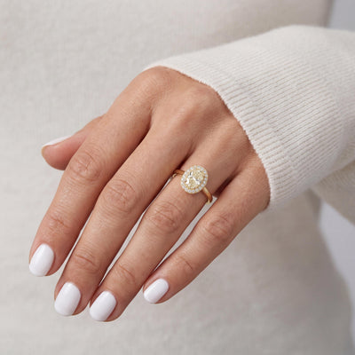 14K Solid Gold Clear Stone Ring, Oval Halo Lab Grown Gem - Engagement Fine Jewelry
