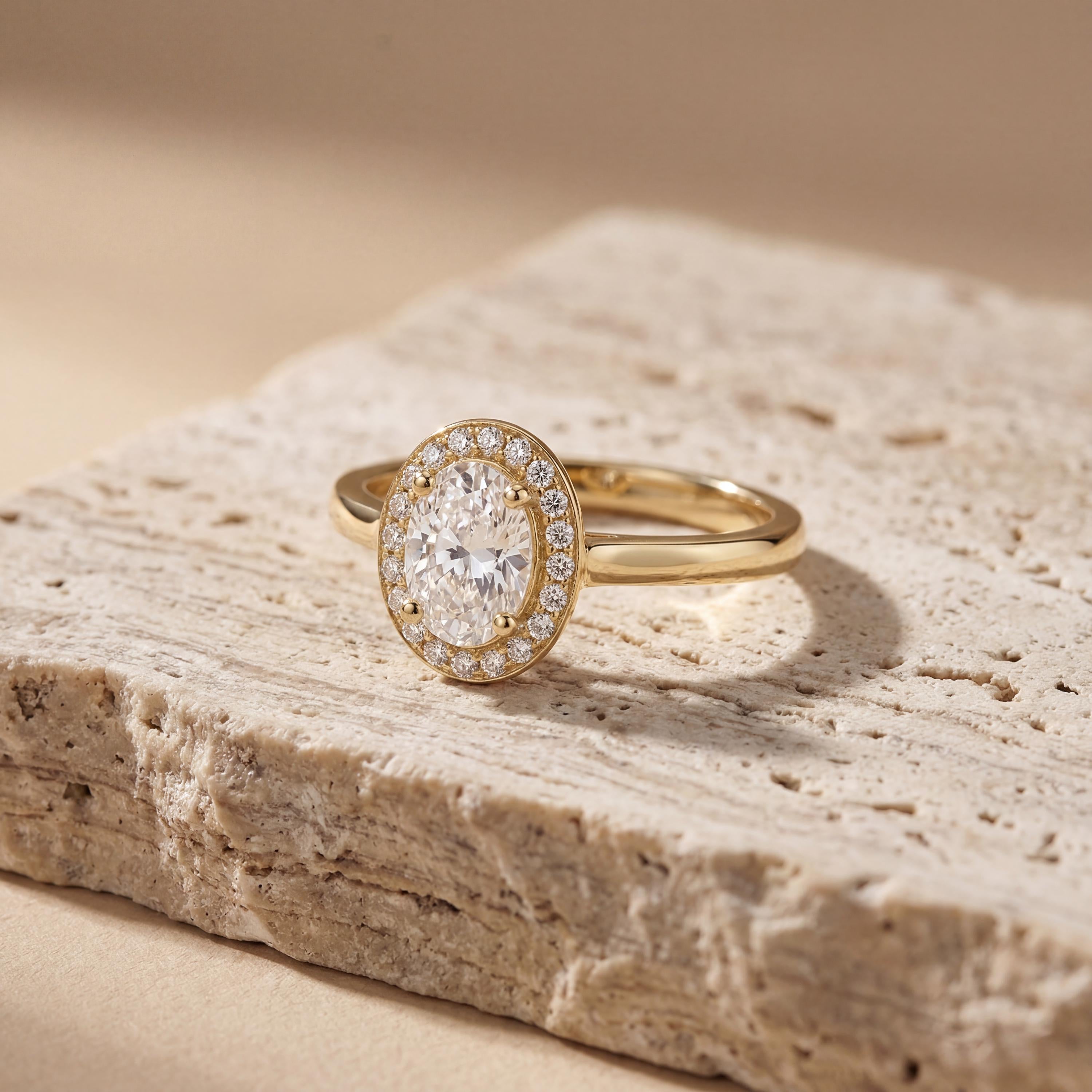 14K Solid Gold Clear Stone Ring, Oval Halo Lab Grown Gem - Engagement Fine Jewelry