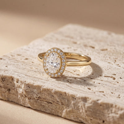 14K Solid Gold Clear Stone Ring, Oval Halo Lab Grown Gem - Engagement Fine Jewelry