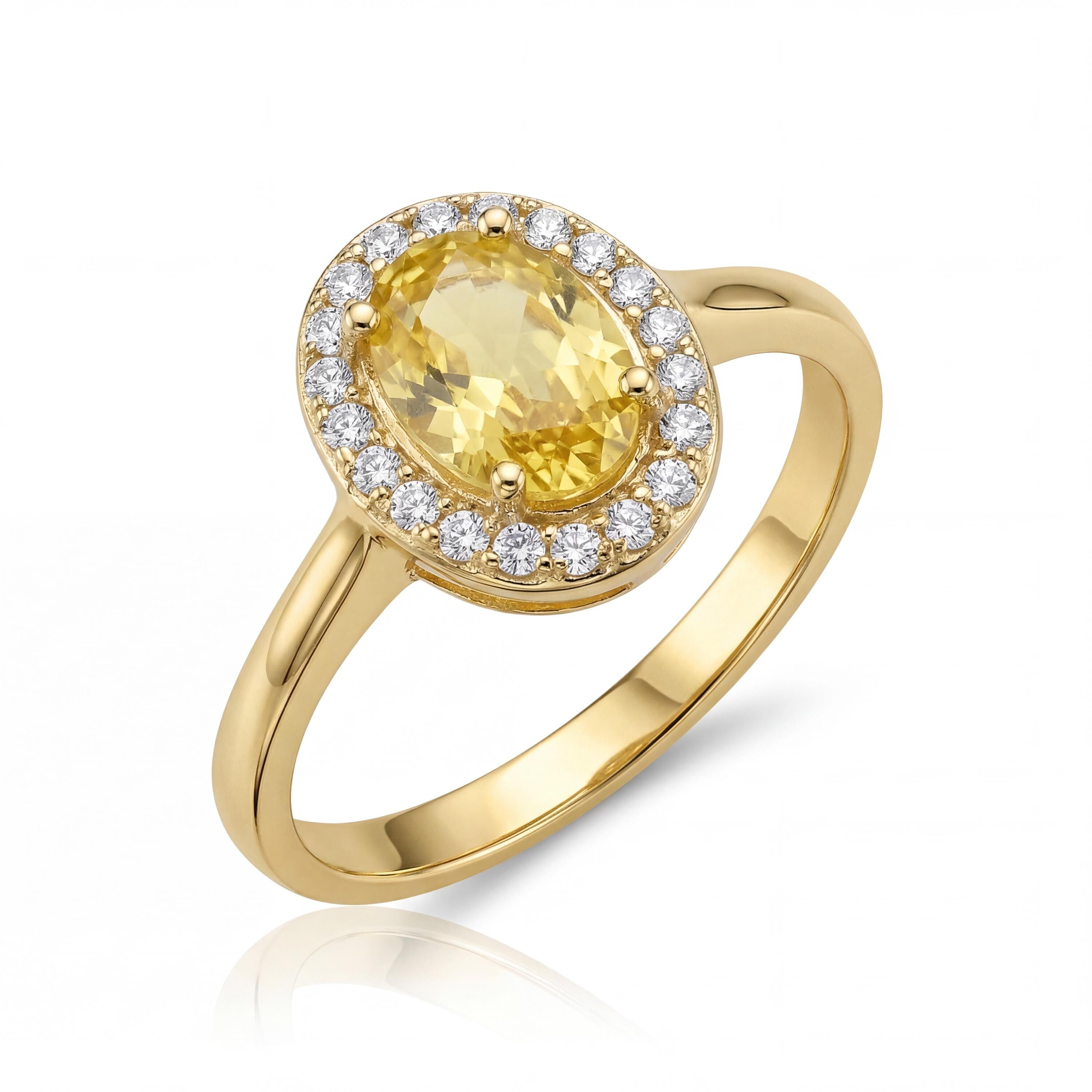 14K Solid Gold Citrine Ring, Oval Halo Lab Grown Yellow Stone - Dainty Fine Jewelry