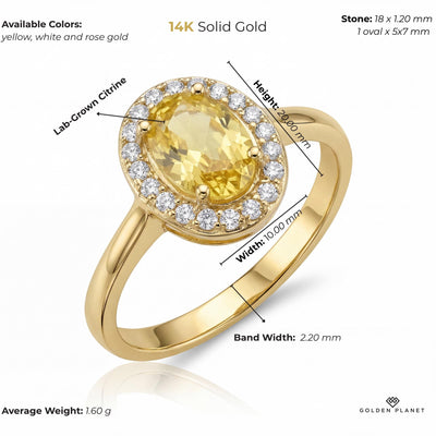 14K Solid Gold Citrine Ring, Oval Halo Lab Grown Yellow Stone - Dainty Fine Jewelry