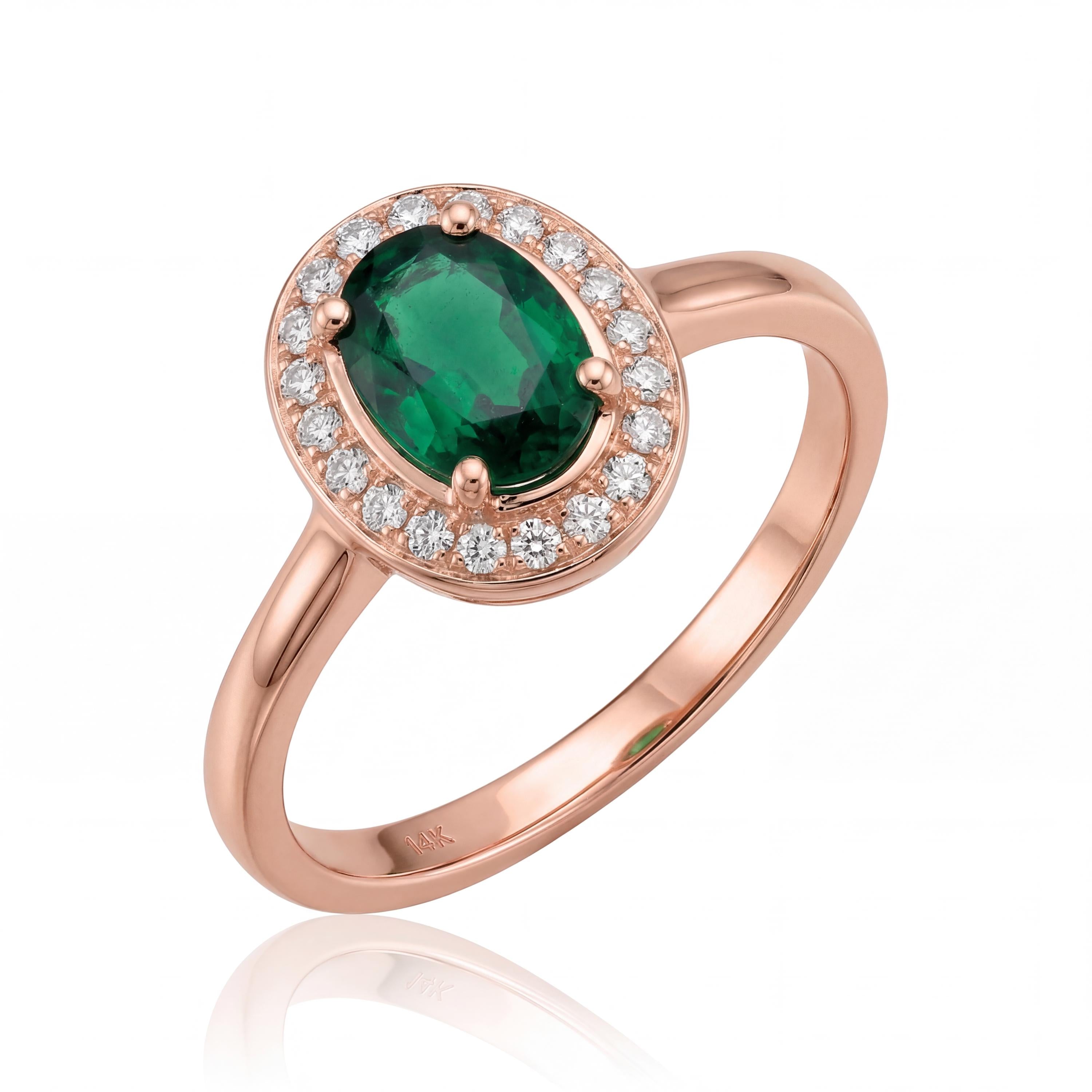 14K Solid Gold Emerald Ring, Oval Halo Lab Grown Green Stone - Dainty Fine Jewelry