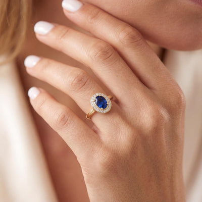 14K Solid Gold Sapphire Ring, Oval Halo Lab Grown Blue Stone - Dainty Fine Jewelry