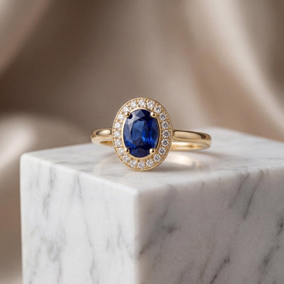 14K Solid Gold Sapphire Ring, Oval Halo Lab Grown Blue Stone - Dainty Fine Jewelry