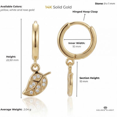 14K Gold Leaf Hoop Earrings Dangle Diamond Charm Minimal Luxury Gift For Her