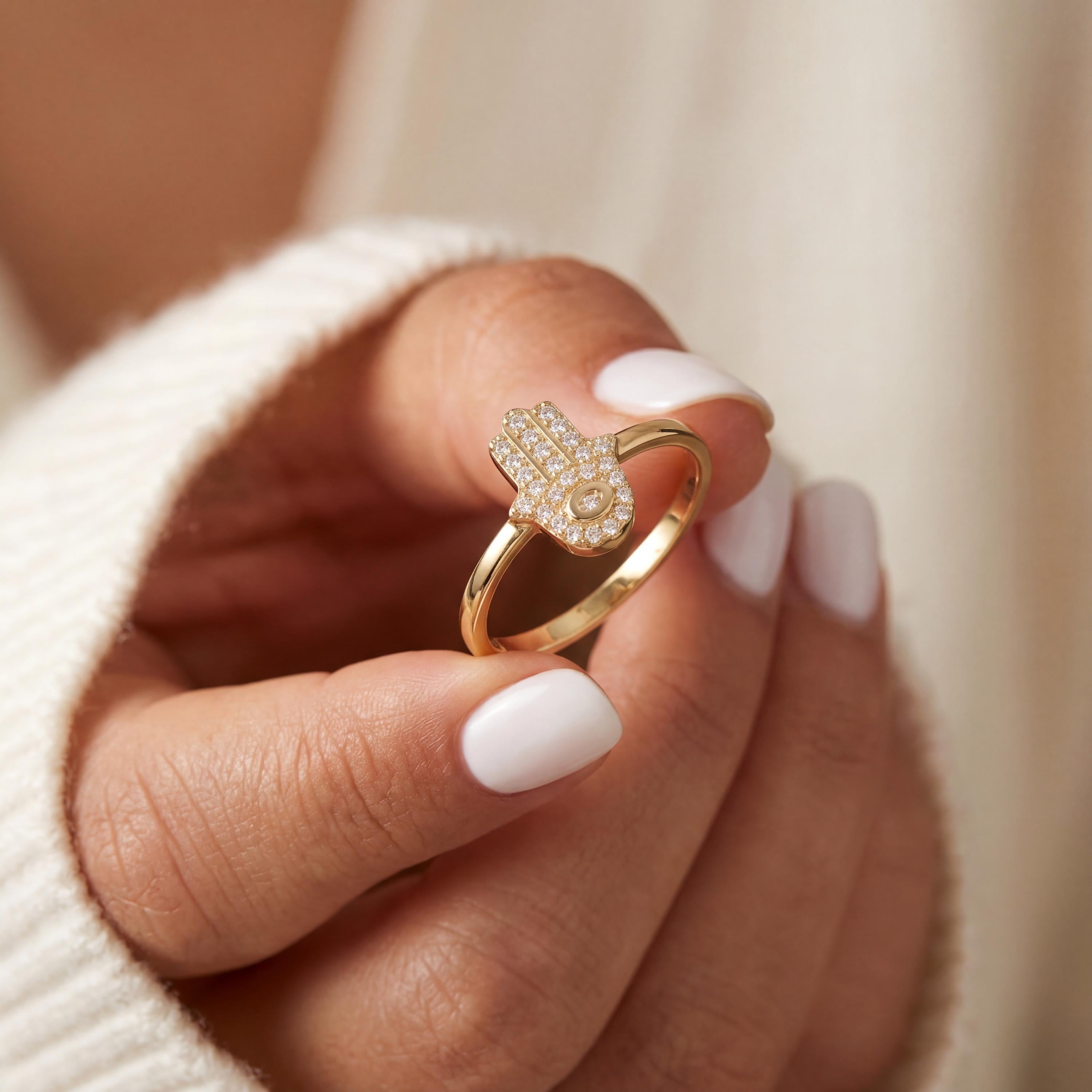 14K Gold Hamsa Ring Diamond Evil Eye Minimal Dainty Jewelry Gift For Her
