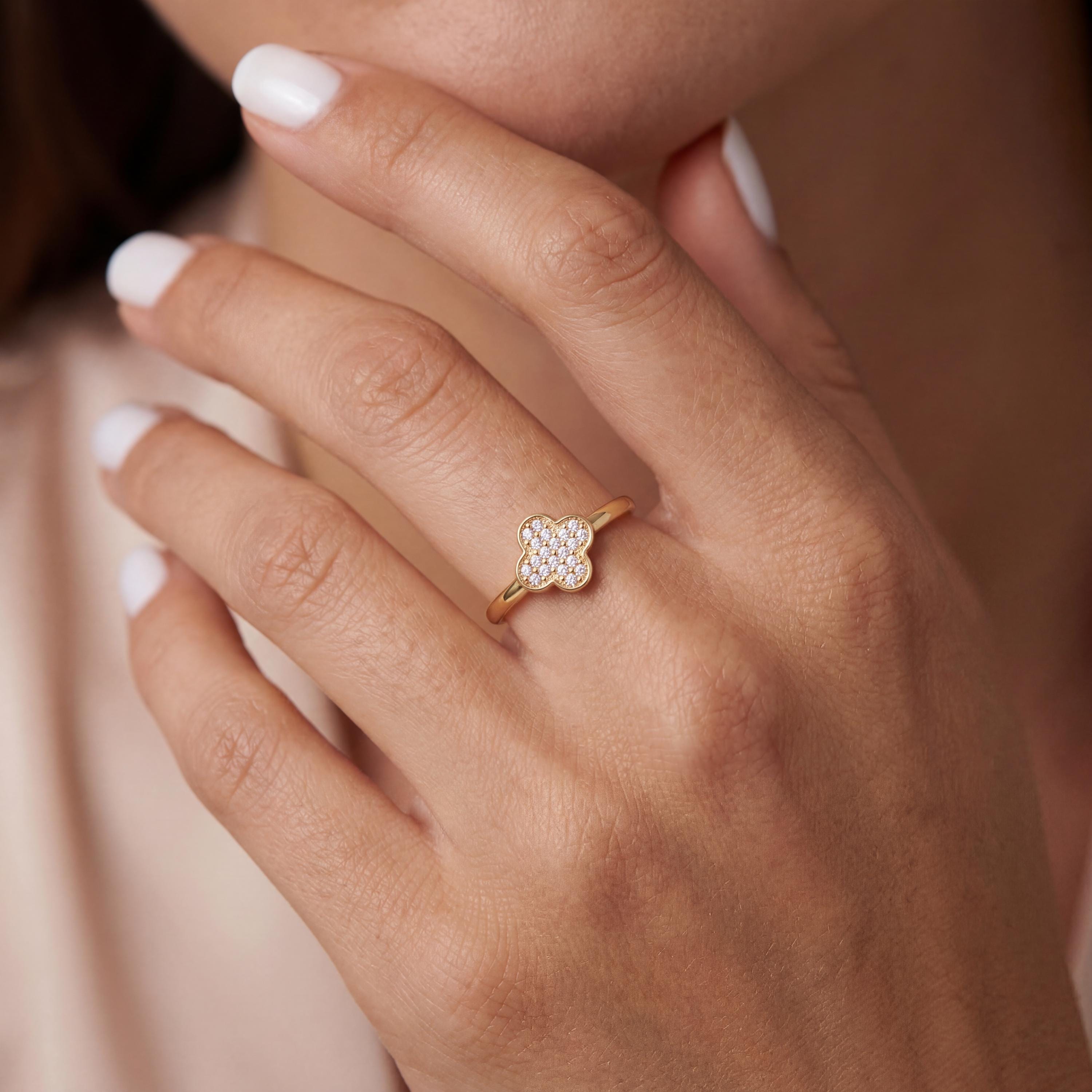 14K Solid Gold Clover Ring, Cubic Zirconia Cluster, Minimal Flower Jewelry, Dainty Everyday