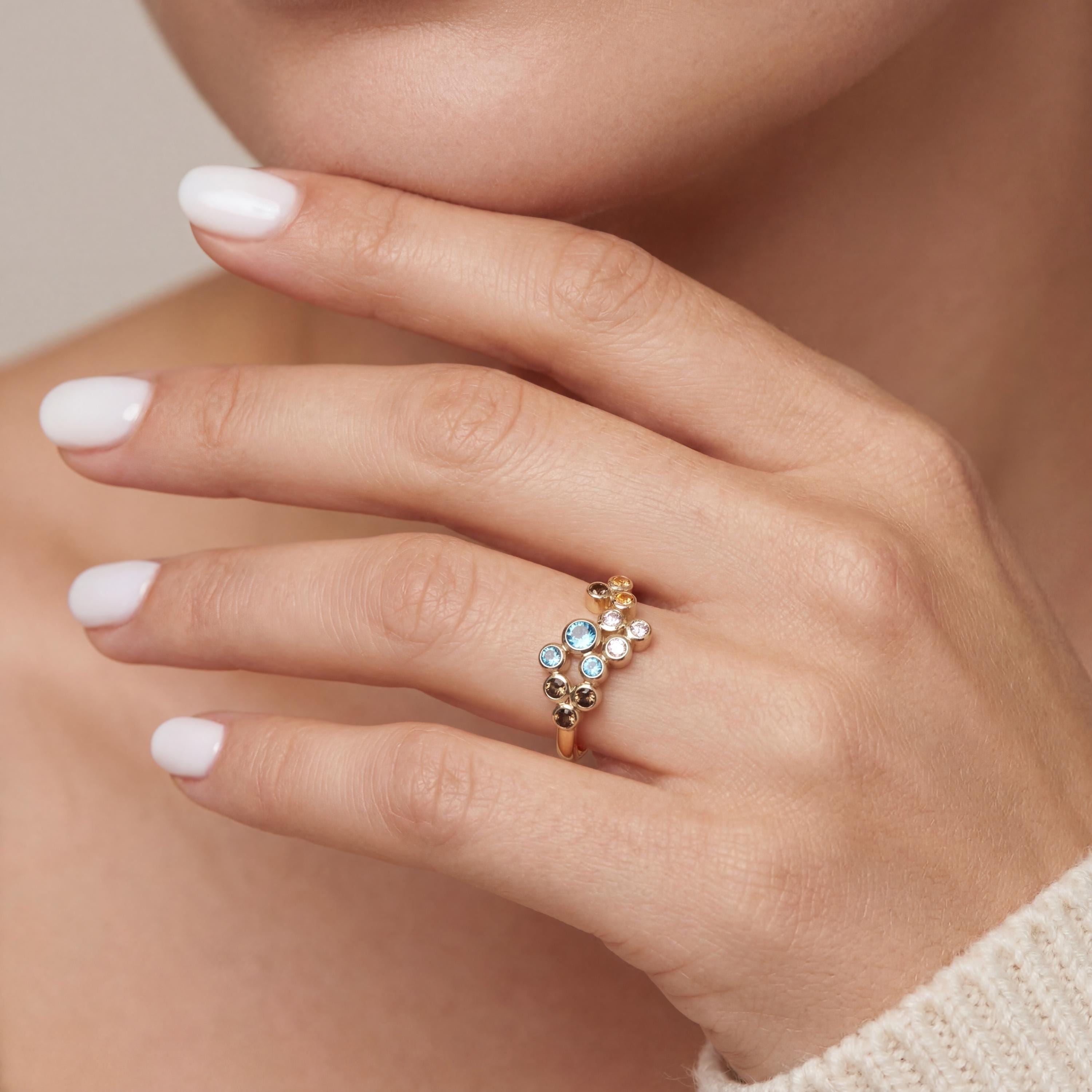 14K Solid Gold Multi Stone Ring, Colorful Cluster Gemstone Band - Dainty Fine Jewelry
