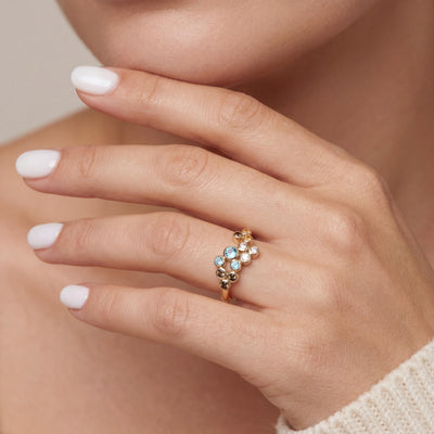 14K Solid Gold Multi Stone Ring, Colorful Cluster Gemstone Band - Dainty Fine Jewelry