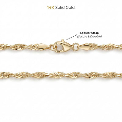 14K Solid Gold Singapore Chain Necklace, Twisted Rope, Minimal Elegant Layering Jewelry