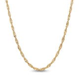 14K yellow gold Singapore chain necklace, flat twisted links catching the light, draped on white