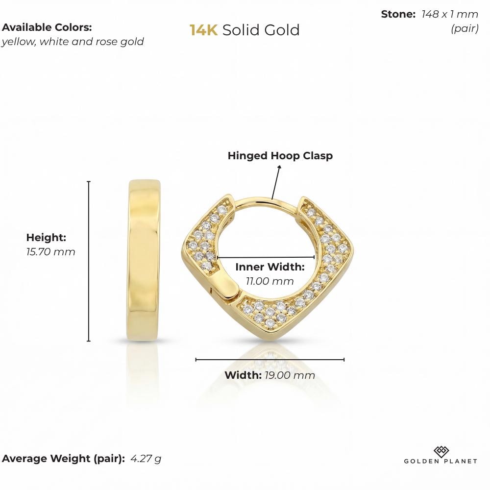 14K Solid Gold Geometric Huggie Earrings  Square Hoop, Minimal Angular Modern Hinged Clasp