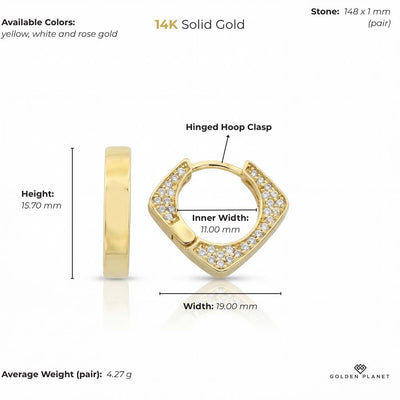 14K Solid Gold Geometric Huggie Earrings  Square Hoop, Minimal Angular Modern Hinged Clasp