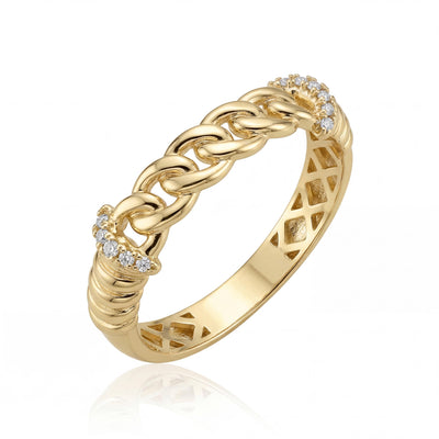 14K Solid Gold Curb Chain Link Ring, Pavé Accent - Minimal Elegant Fine Jewelry Women