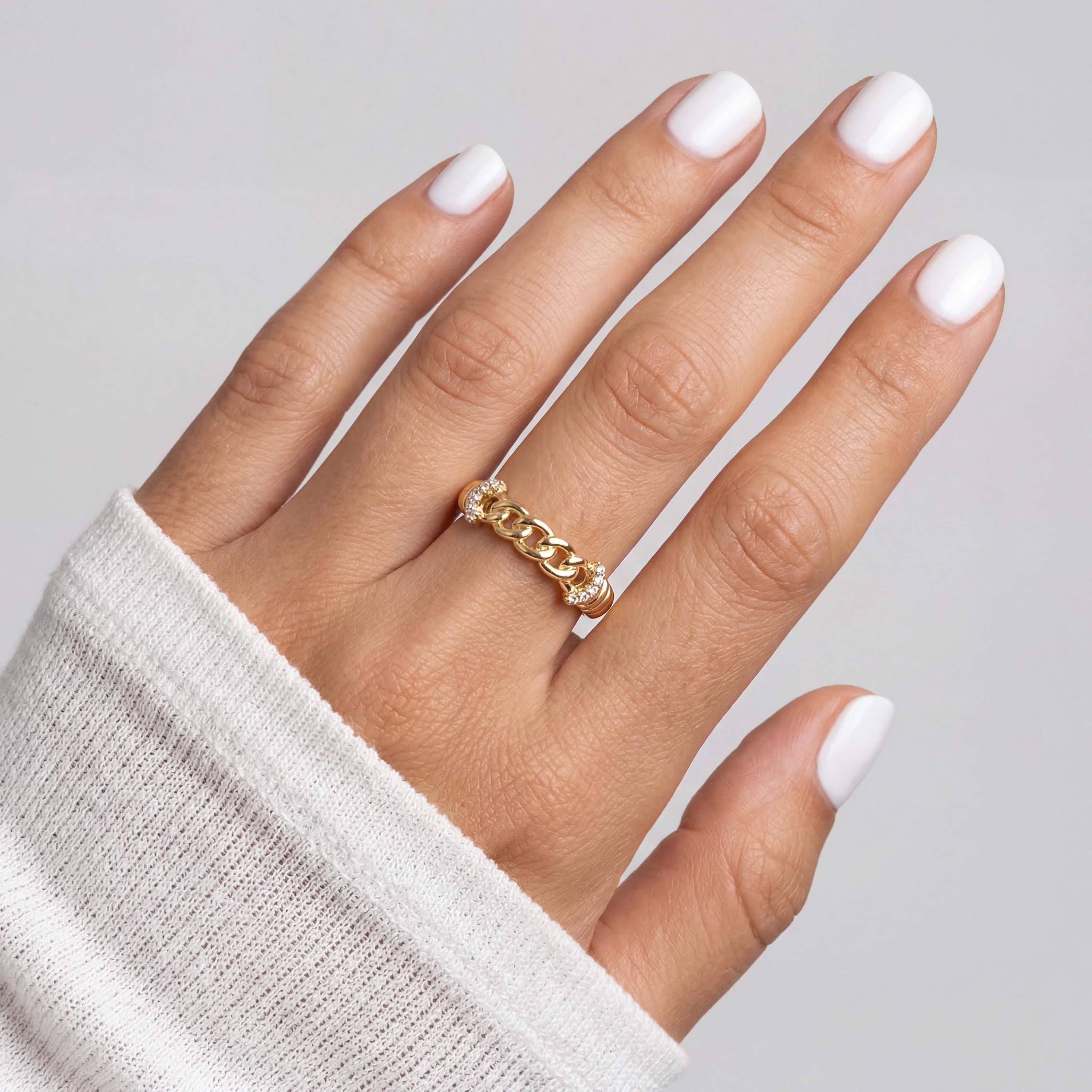 14K Solid Gold Curb Chain Link Ring, Pavé Accent - Minimal Elegant Fine Jewelry Women