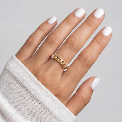14K Solid Gold Curb Chain Link Ring, Pavé Accent - Minimal Elegant Fine Jewelry Women