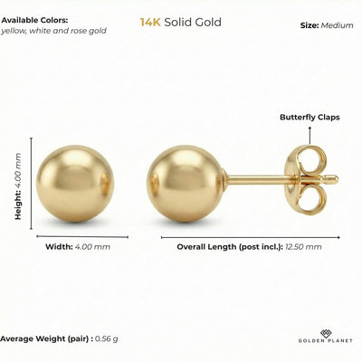 14K Solid Gold Ball Stud Earrings, Minimal Sphere Studs - Dainty Everyday Fine Jewelry Classic