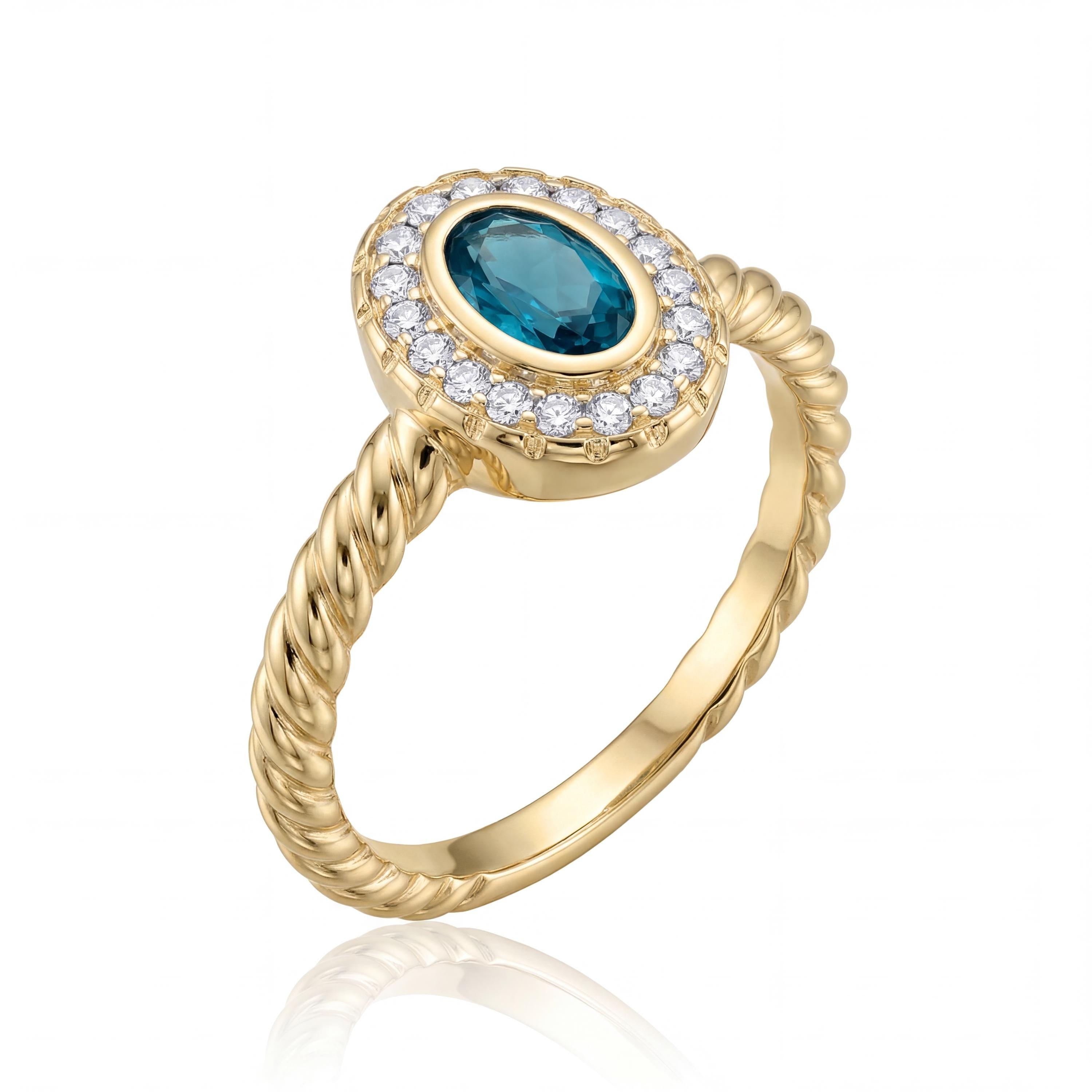 14K Solid Gold Turquoise Ring, Oval Halo Cluster Band - Dainty Twisted Rope Fine Jewelry