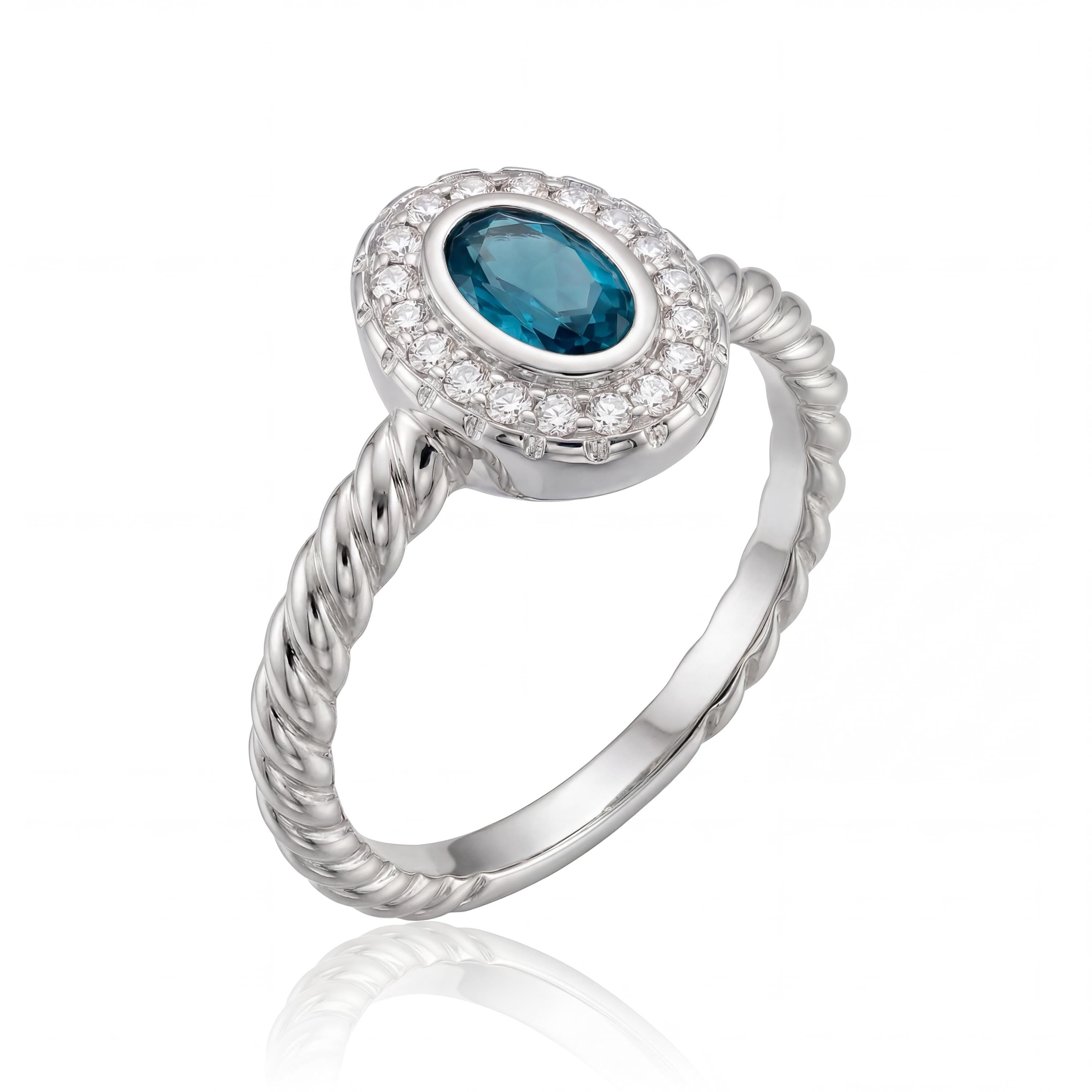 14K Solid Gold Turquoise Ring, Oval Halo Cluster Band - Dainty Twisted Rope Fine Jewelry