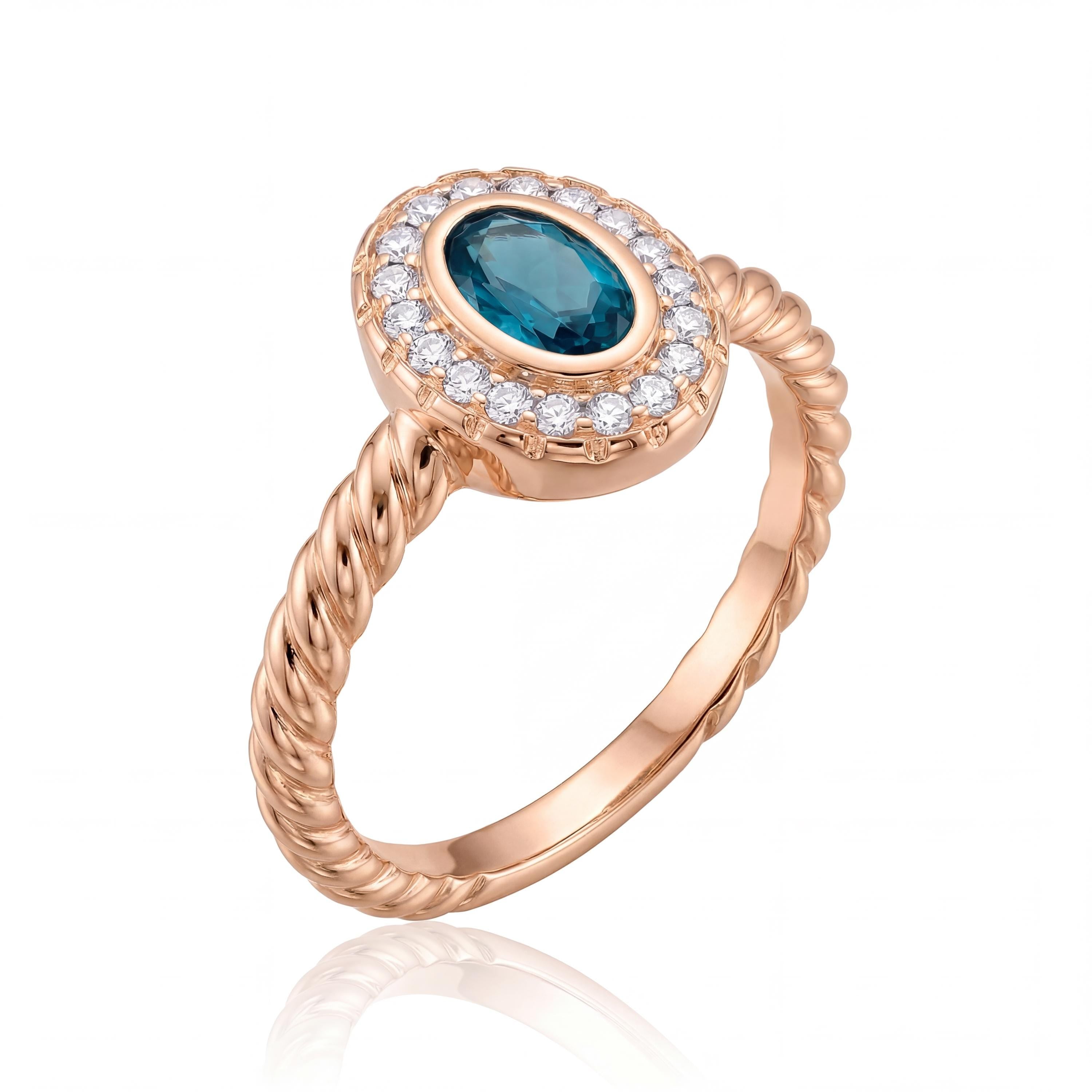 14K Solid Gold Turquoise Ring, Oval Halo Cluster Band - Dainty Twisted Rope Fine Jewelry