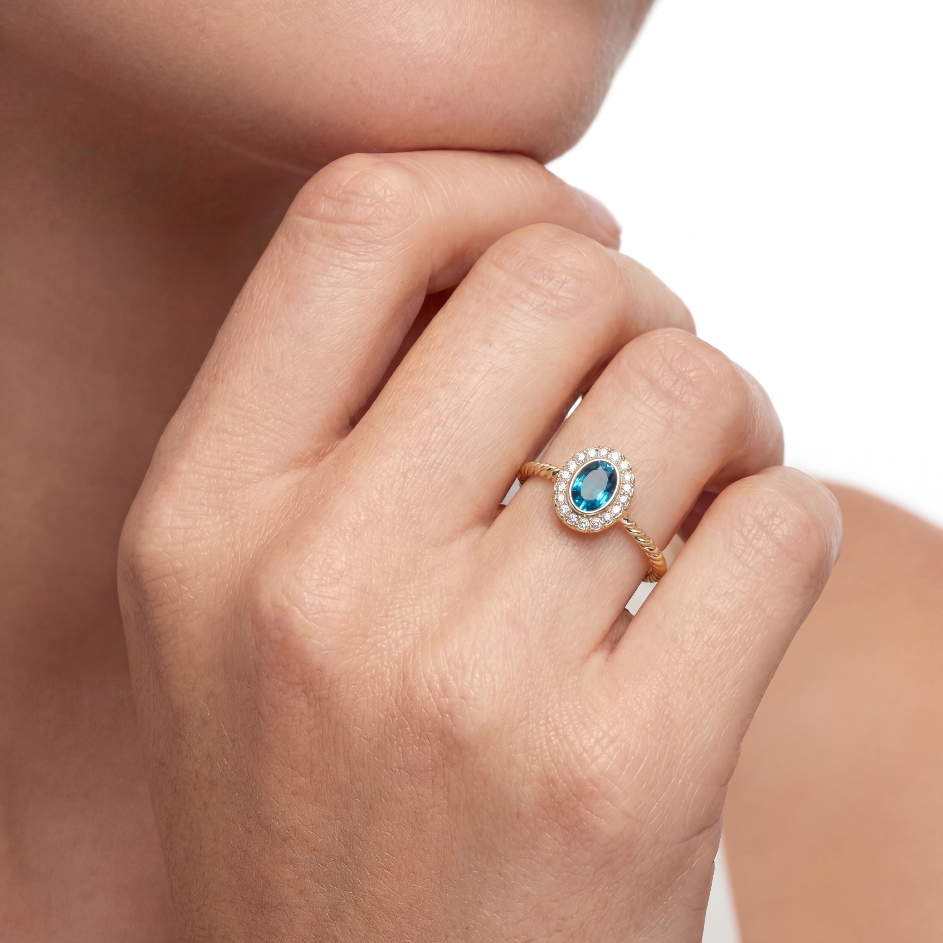 14K Solid Gold Turquoise Ring, Oval Halo Cluster Band - Dainty Twisted Rope Fine Jewelry