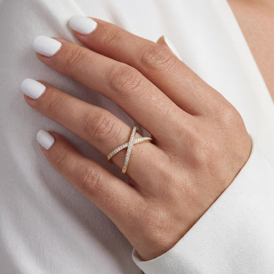 14K Solid Gold Crossover Ring, Pavé Band Criss Cross Design - Minimal Elegant Fine Jewelry