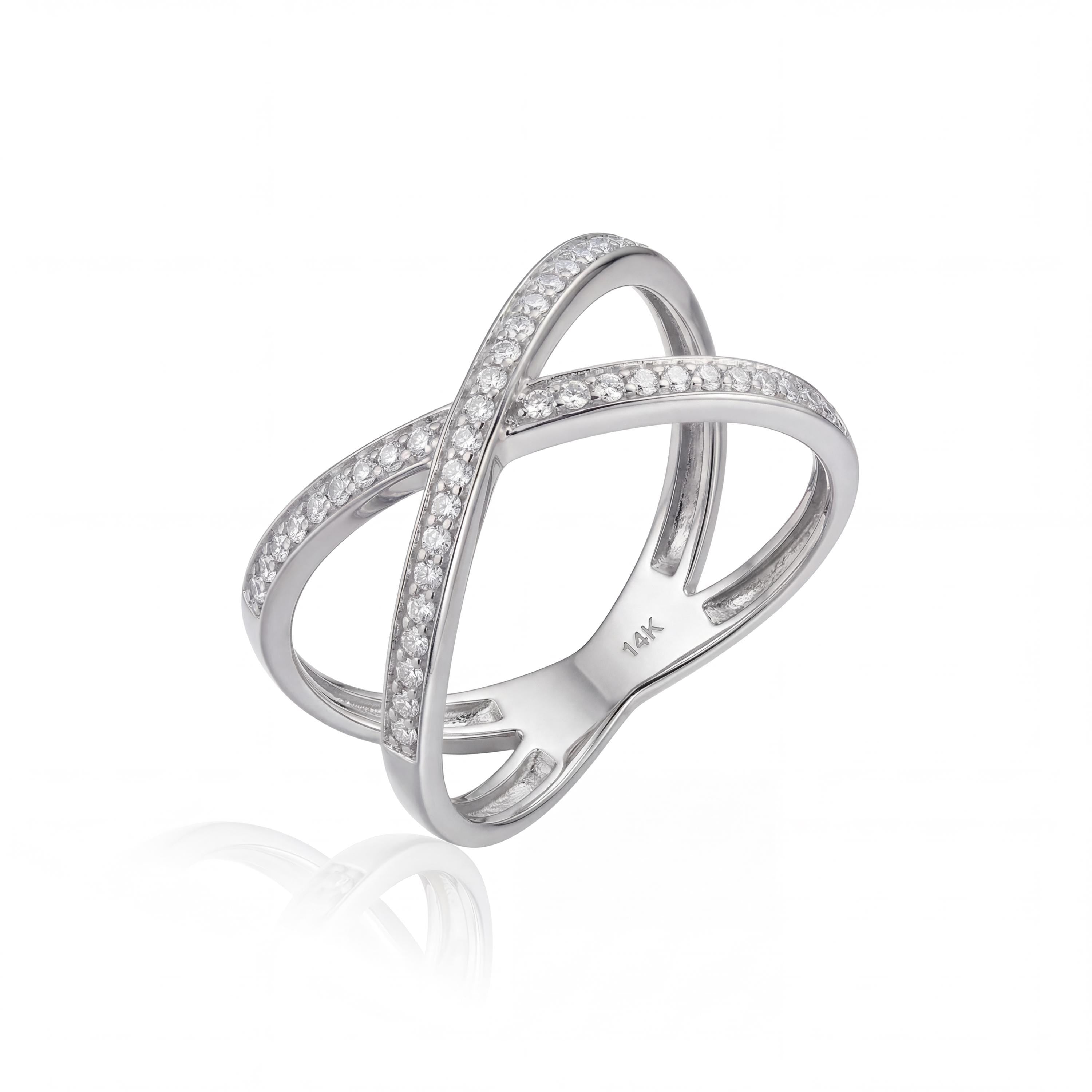 14K Solid Gold Crossover Ring, Pavé Band Criss Cross Design - Minimal Elegant Fine Jewelry