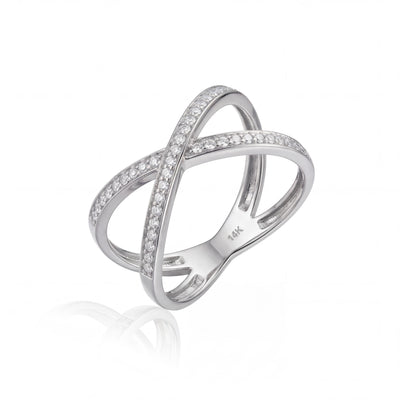 14K Solid Gold Crossover Ring, Pavé Band Criss Cross Design - Minimal Elegant Fine Jewelry