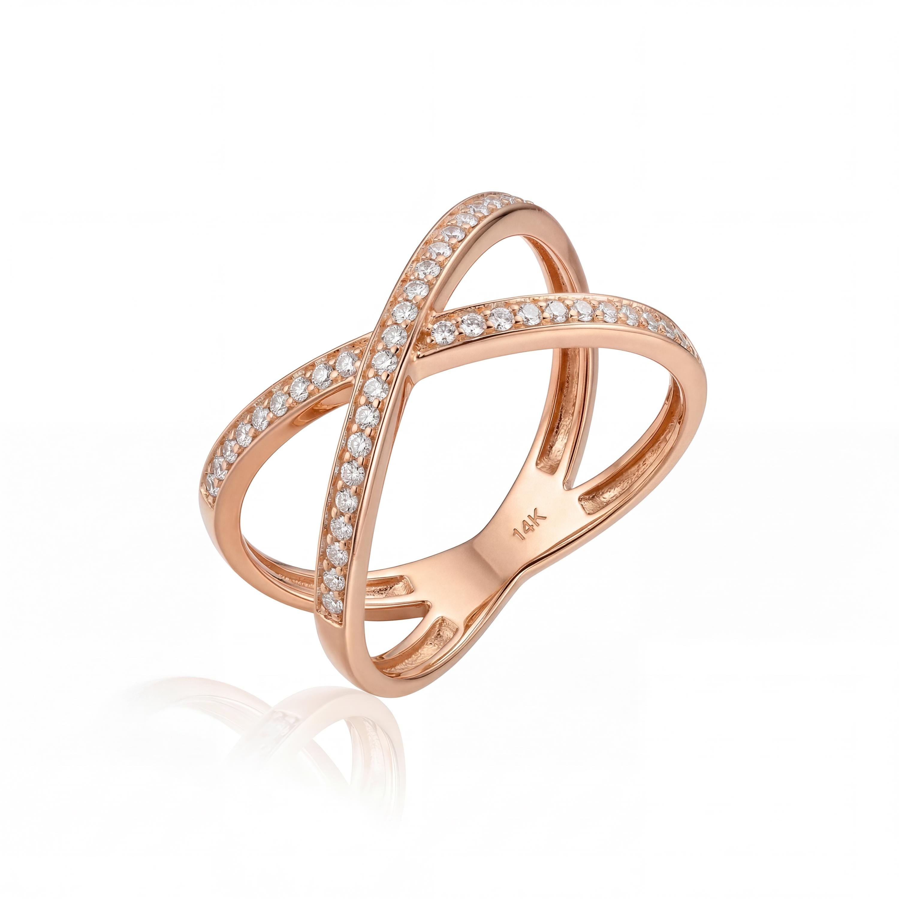 14K Solid Gold Crossover Ring, Pavé Band Criss Cross Design - Minimal Elegant Fine Jewelry