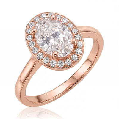 14K Solid Gold Clear Stone Ring, Oval Halo Lab Grown Gem - Engagement Fine Jewelry